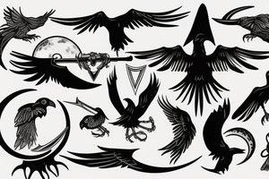Raven, hunter, scythe, moon tattoo idea