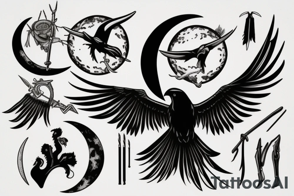 Raven, hunter, scythe, moon tattoo idea