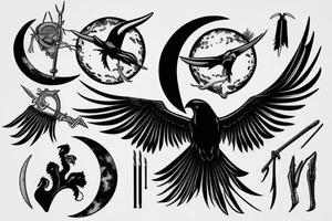 Raven, hunter, scythe, moon tattoo idea