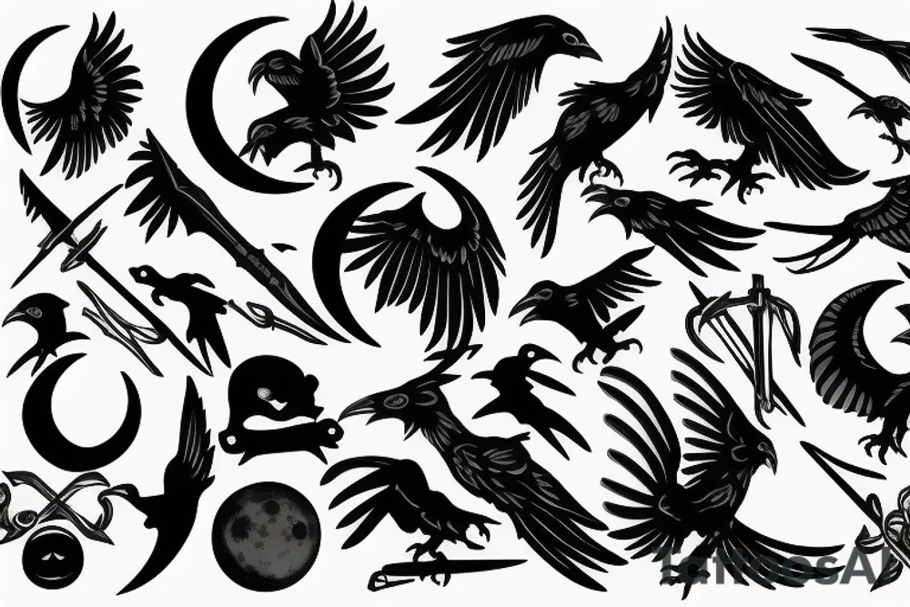 Raven, hunter, scythe, moon tattoo idea
