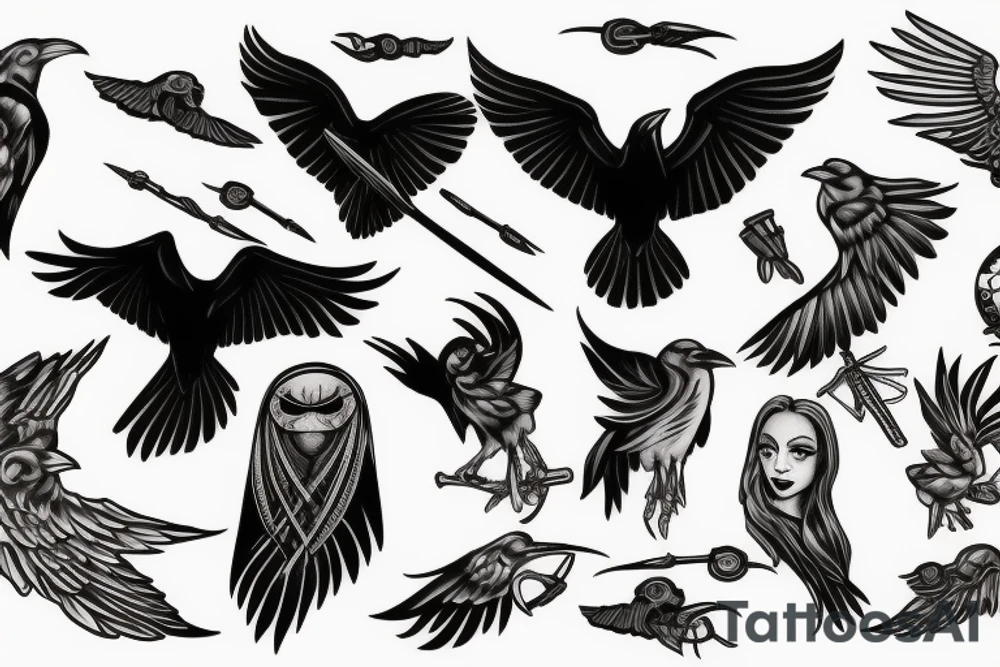 Raven, hunter, scythe, moon tattoo idea