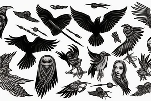 Raven, hunter, scythe, moon tattoo idea