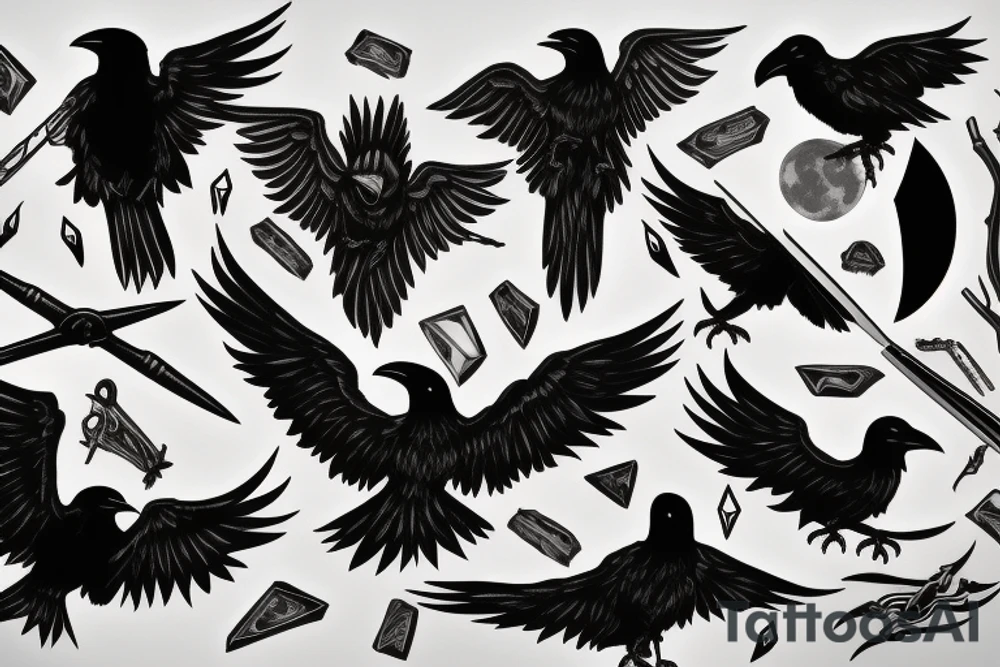 Raven, hunter, scythe, moon tattoo idea