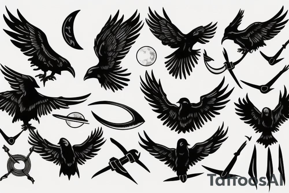Raven, hunter, scythe, moon tattoo idea