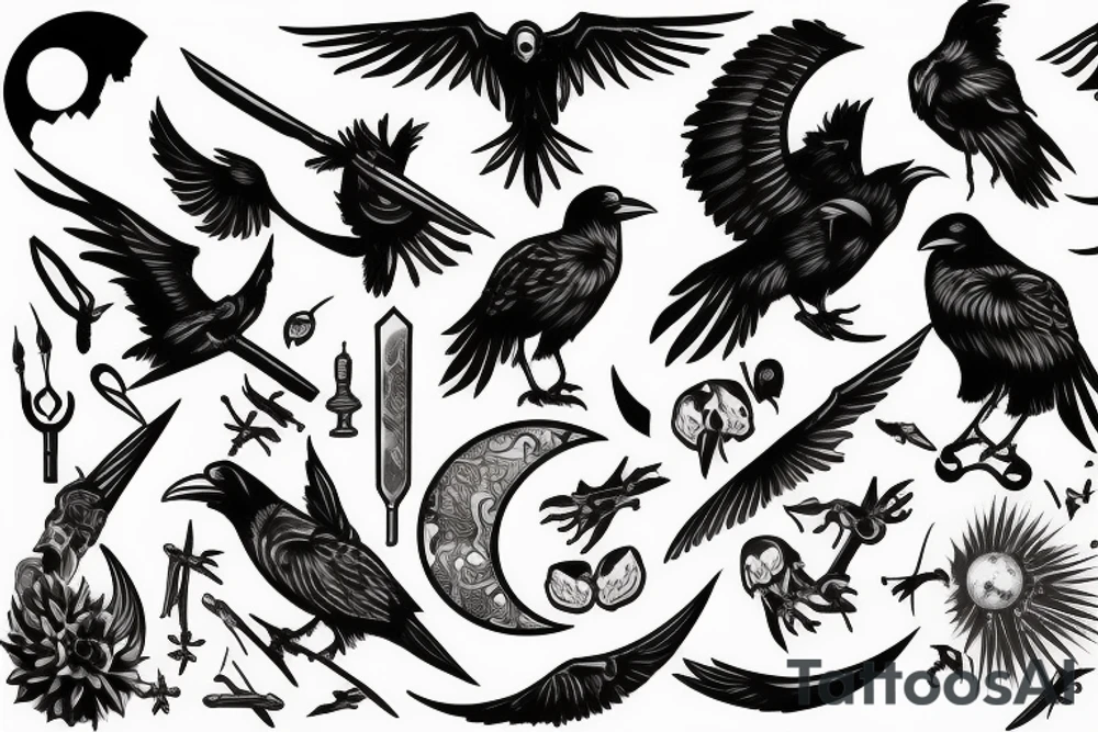 Raven, hunter, scythe, moon tattoo idea