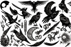 Raven, hunter, scythe, moon tattoo idea