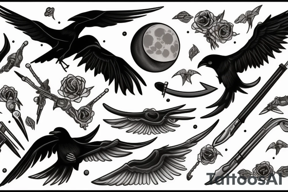 Raven, hunter, scythe, moon tattoo idea