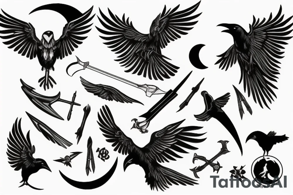 Raven, hunter, scythe, moon tattoo idea