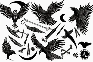 Raven, hunter, scythe, moon tattoo idea