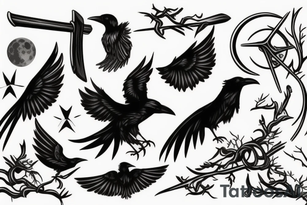 Raven, hunter, scythe, moon tattoo idea