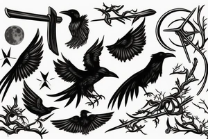 Raven, hunter, scythe, moon tattoo idea