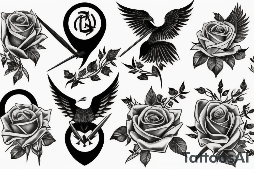 Raven, thorns, rose, scythe tattoo idea