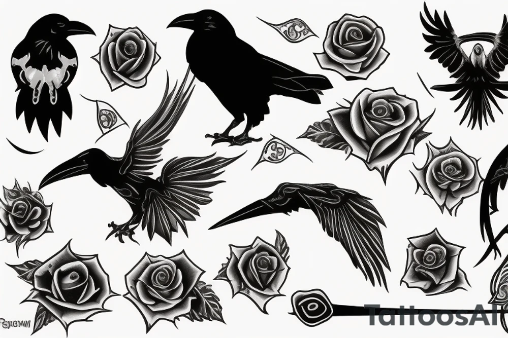 Raven, thorns, rose, scythe tattoo idea