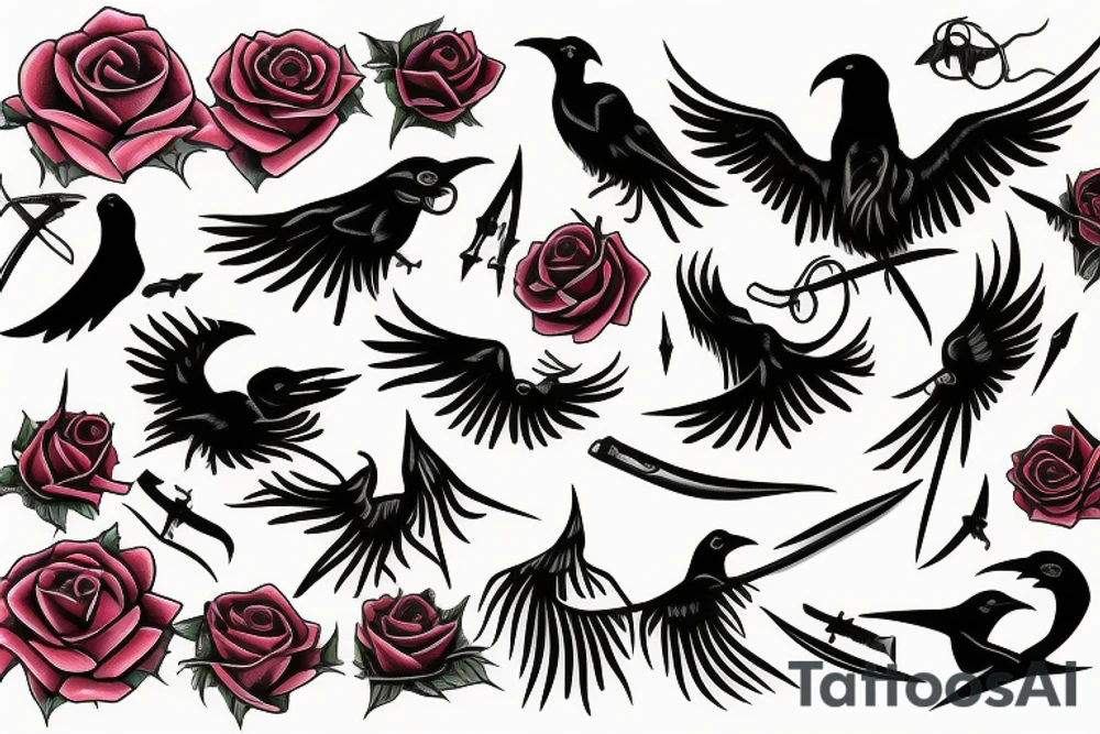 Raven, thorns, rose, scythe tattoo idea
