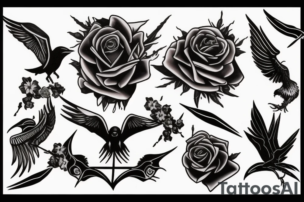 Raven, thorn, rose, scythe tattoo idea