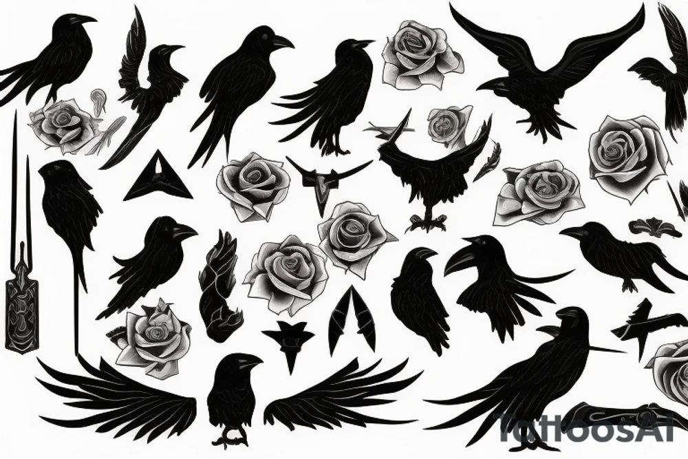 Raven, thorn, rose, scythe tattoo idea
