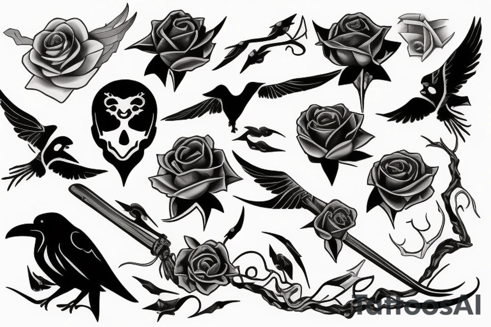 Raven, thorn, rose, scythe tattoo idea
