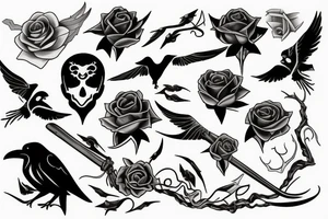 Raven, thorn, rose, scythe tattoo idea