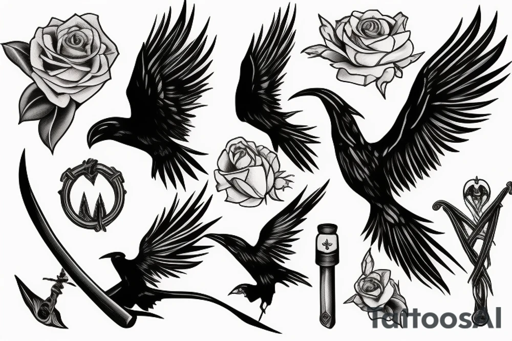 Raven, thorn, rose, scythe tattoo idea