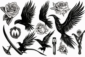 Raven, thorn, rose, scythe tattoo idea