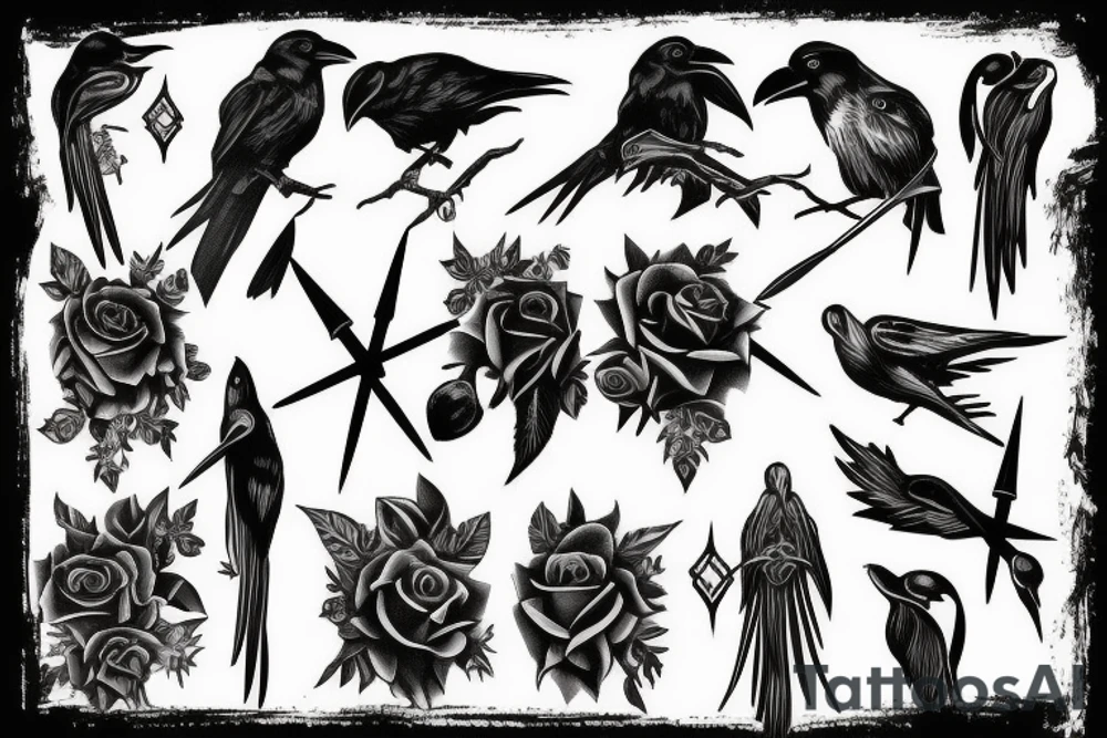 Raven, thorn, rose, scythe tattoo idea