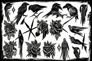 Raven, thorn, rose, scythe tattoo idea
