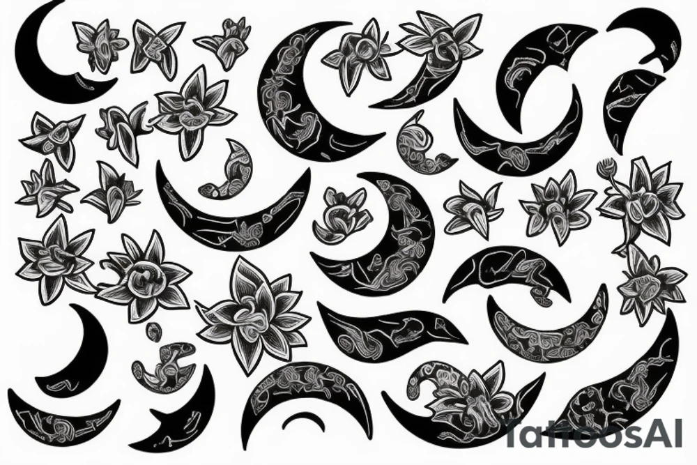 Crescent moon, flower, frog tattoo idea