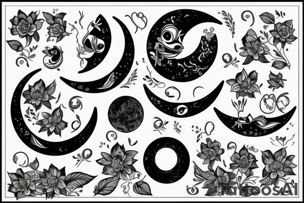 Crescent moon, flower, frog tattoo idea