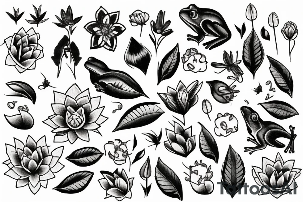 moon, flower, frog, lily pad tattoo idea