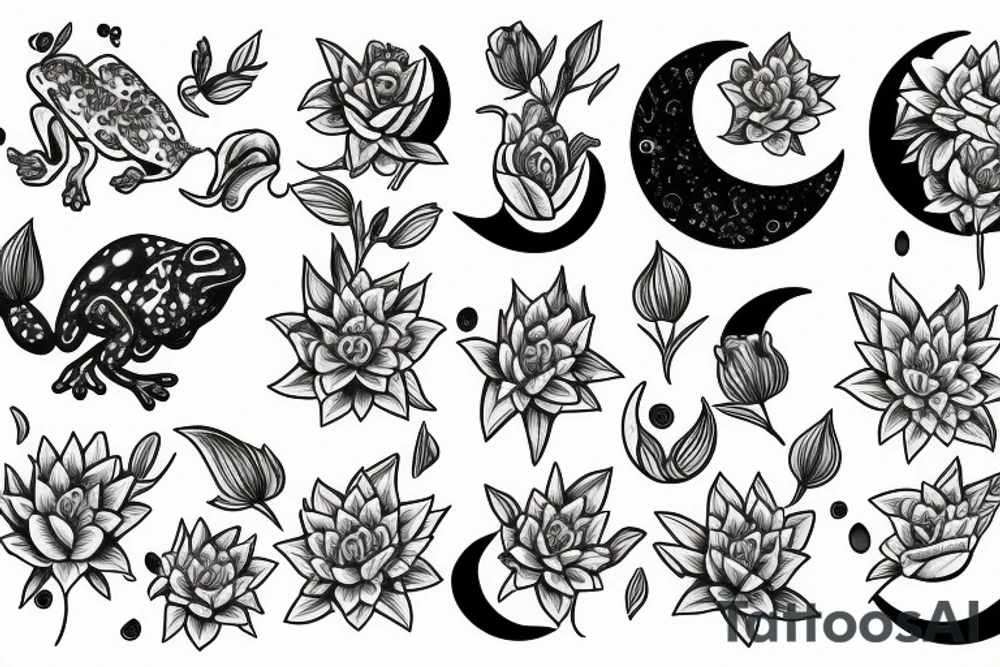 moon, flower, frog, lily pad tattoo idea