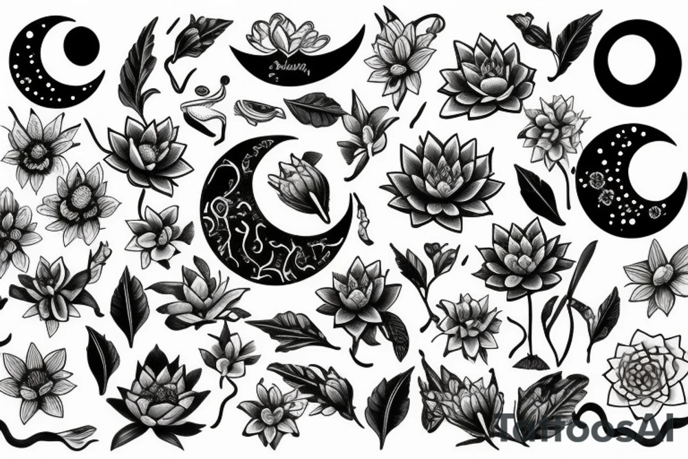 moon, flower, frog, lily pad tattoo idea