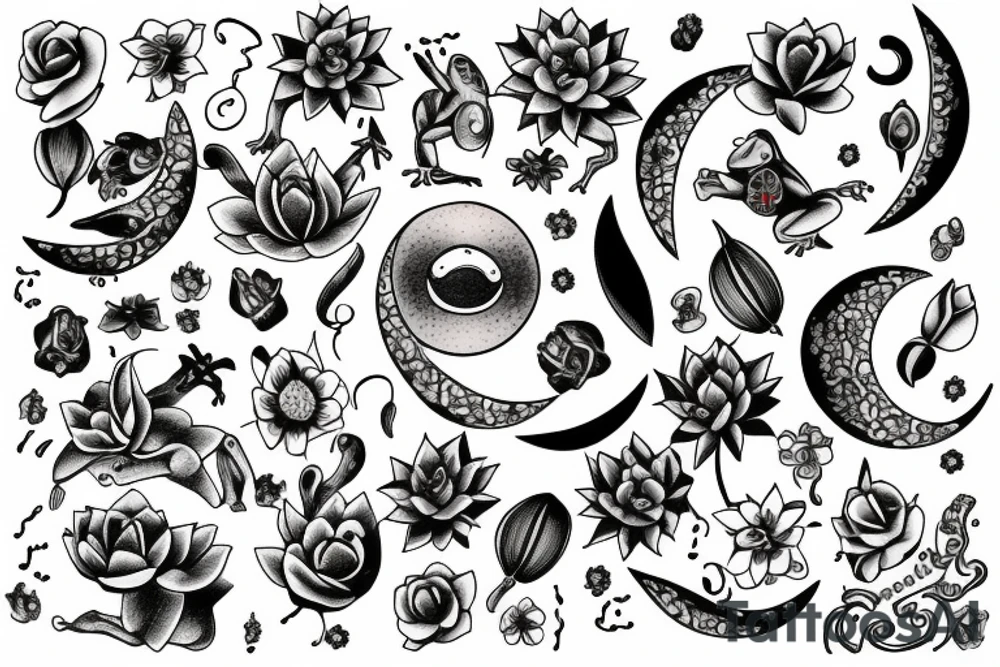 moon, flower, frog, lily pad tattoo idea