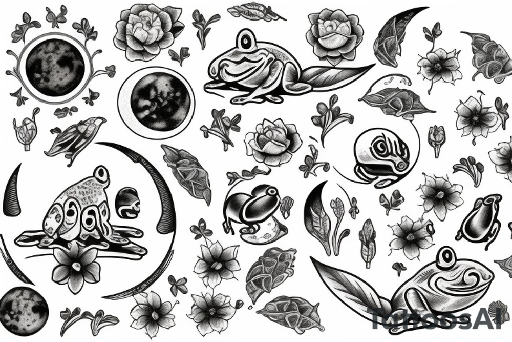 moon, flower, frog, lily pad tattoo idea