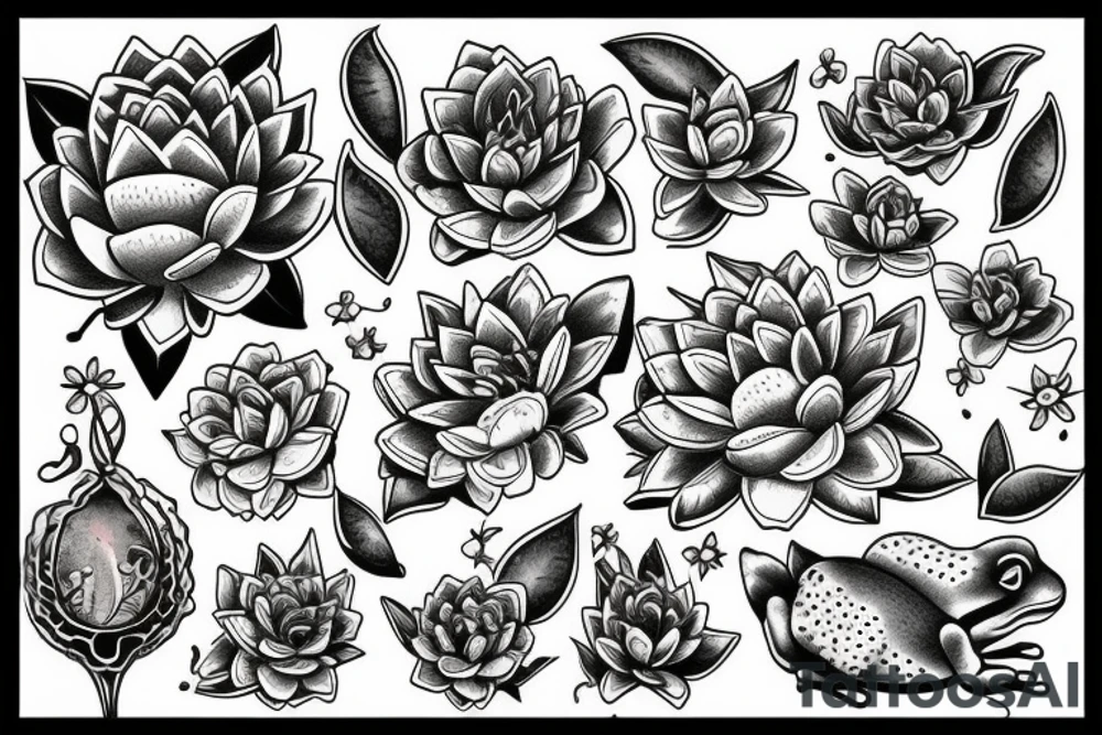 moon, flower, frog, lily pad tattoo idea