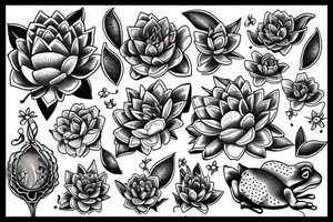 moon, flower, frog, lily pad tattoo idea