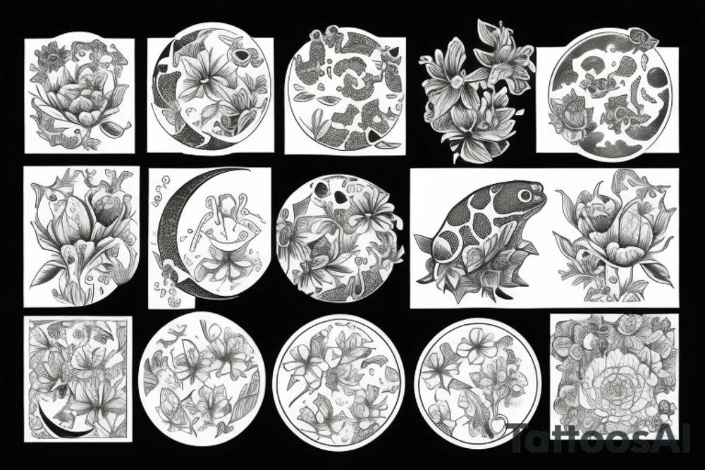 moon, flower, frog, lily pad tattoo idea