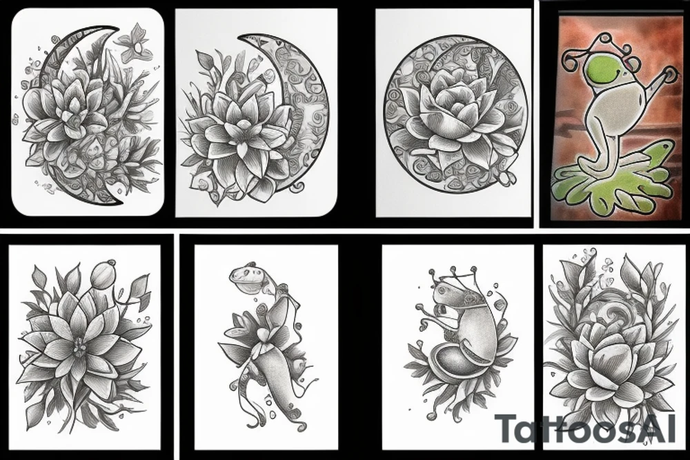 moon, flower, frog, lily pad tattoo idea