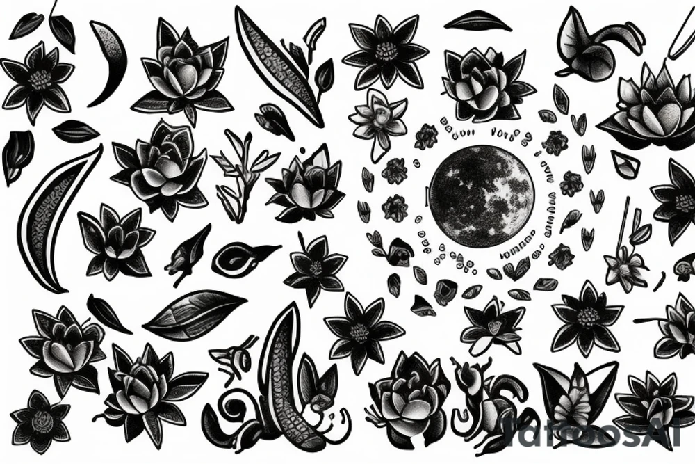 moon, flower, frog, lily pad tattoo idea