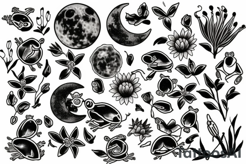 moon, flower, frog, lily pad tattoo idea
