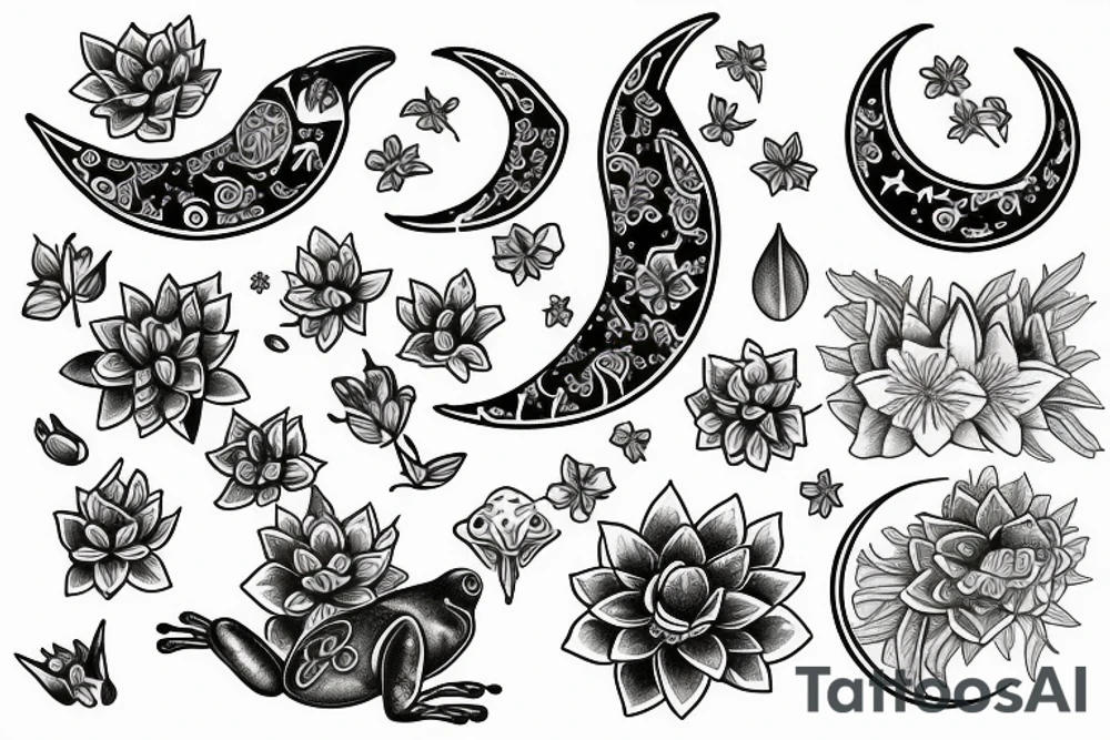 moon, flower, frog, lily pad tattoo idea