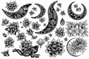 moon, flower, frog, lily pad tattoo idea