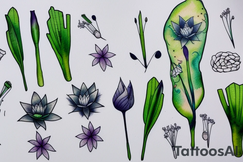 lily pad, moon, cattail tattoo idea