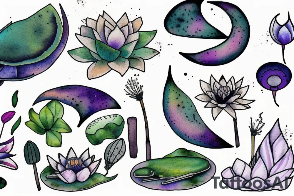 lily pad, moon, cattail tattoo idea