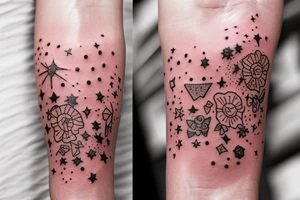 100s of tiny stars on my righr arm with some flowers and tiny music notes tattoo idea