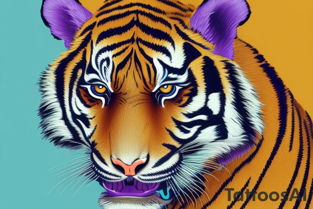 A line art design of a tiger with flames, set against white background. The tiger's stripes are illustrated in purple, with teal lines accentuating its form. Its eyes are fierce, highlighted with splashes of yellow, symbolizing its wild nature. The teal flames around it seem to dance, adding to the tiger's fierce yet majestic presence. This image captures the essence of the tiger's strength and elegance tattoo idea