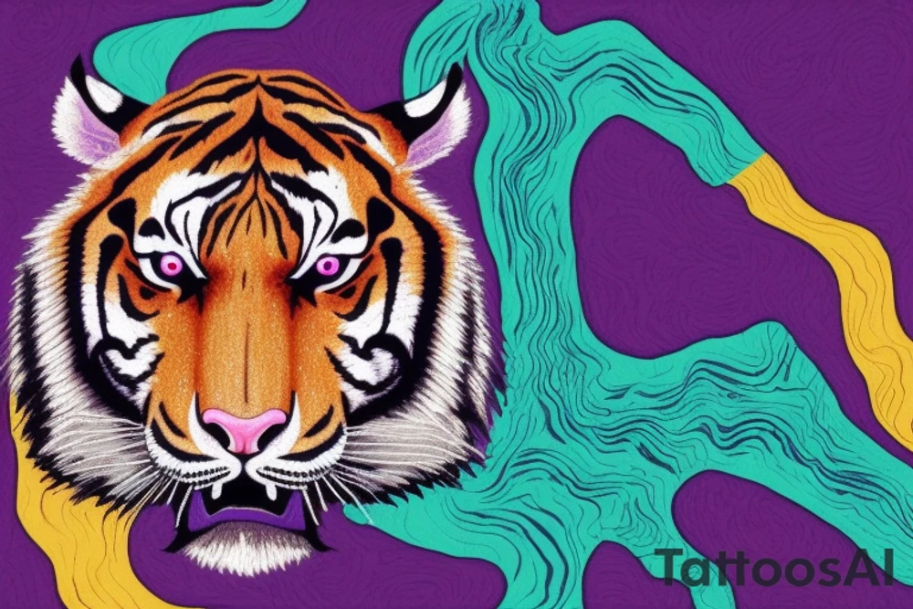 A line art design of a tiger with flames, set against white background. The tiger's stripes are illustrated in purple, with teal lines accentuating its form. Its eyes are fierce, highlighted with splashes of yellow, symbolizing its wild nature. The teal flames around it seem to dance, adding to the tiger's fierce yet majestic presence. This image captures the essence of the tiger's strength and elegance tattoo idea