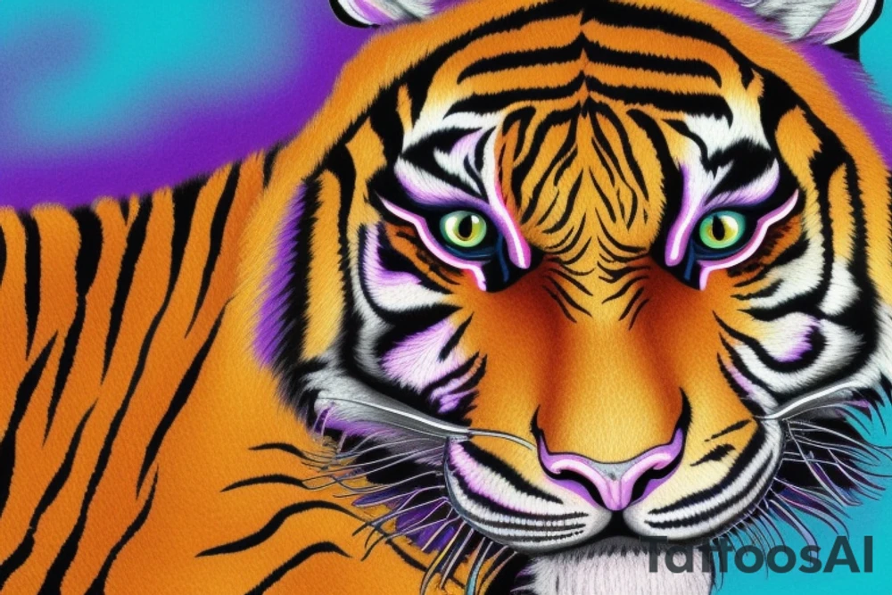 A line art design of a tiger with flames, set against white background. The tiger's stripes are illustrated in purple, with teal lines accentuating its form. Its eyes are fierce, highlighted with splashes of yellow, symbolizing its wild nature. The teal flames around it seem to dance, adding to the tiger's fierce yet majestic presence. This image captures the essence of the tiger's strength and elegance tattoo idea