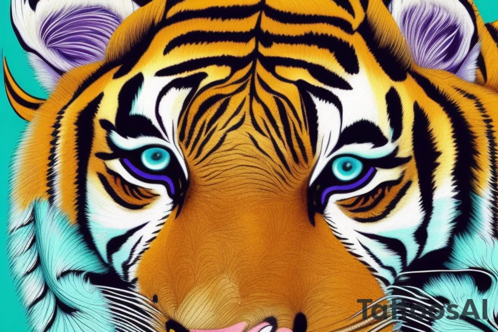 A line art design of a tiger with flames, set against white background. The tiger's stripes are illustrated in purple, with teal lines accentuating its form. Its eyes are fierce, highlighted with splashes of yellow, symbolizing its wild nature. The teal flames around it seem to dance, adding to the tiger's fierce yet majestic presence. This image captures the essence of the tiger's strength and elegance tattoo idea