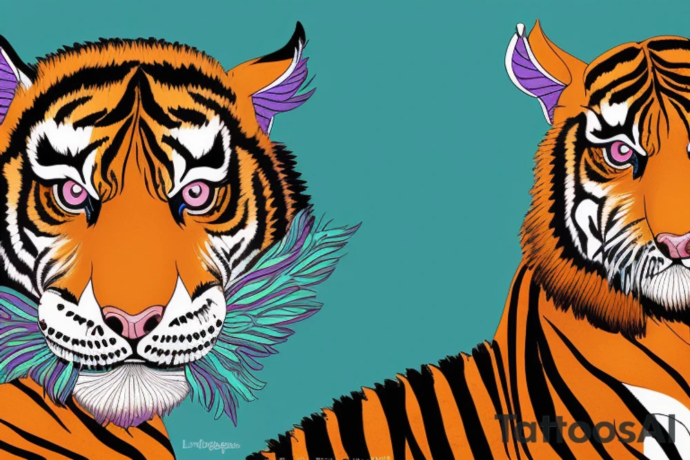 A line art design of a tiger with flames, set against white background. The tiger's stripes are illustrated in purple, with teal lines accentuating its form. Its eyes are fierce, highlighted with splashes of yellow, symbolizing its wild nature. The teal flames around it seem to dance, adding to the tiger's fierce yet majestic presence. This image captures the essence of the tiger's strength and elegance tattoo idea
