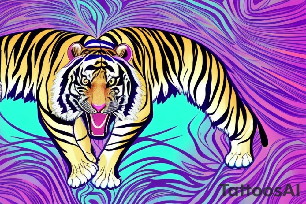 A line art design of a tiger with flames, set against white background. The tiger's stripes are illustrated in purple, with teal lines accentuating its form. Its eyes are fierce, highlighted with splashes of yellow, symbolizing its wild nature. The teal flames around it seem to dance, adding to the tiger's fierce yet majestic presence. This image captures the essence of the tiger's strength and elegance tattoo idea